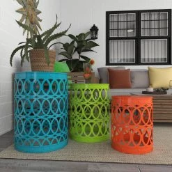 16 in. Multi Colored Round Iron Indoor Outdoor Stackable Nesting End Table with Laser Carved Trellis Design 3-Pieces by Litton Lane -Outlet Litton Lane Store multi litton lane coffee tables 29028 4f 1000