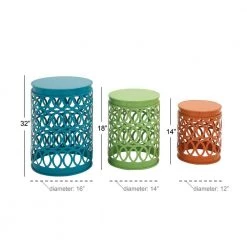 16 in. Multi Colored Round Iron Indoor Outdoor Stackable Nesting End Table with Laser Carved Trellis Design 3-Pieces by Litton Lane -Outlet Litton Lane Store multi litton lane coffee tables 29028 c3 1000