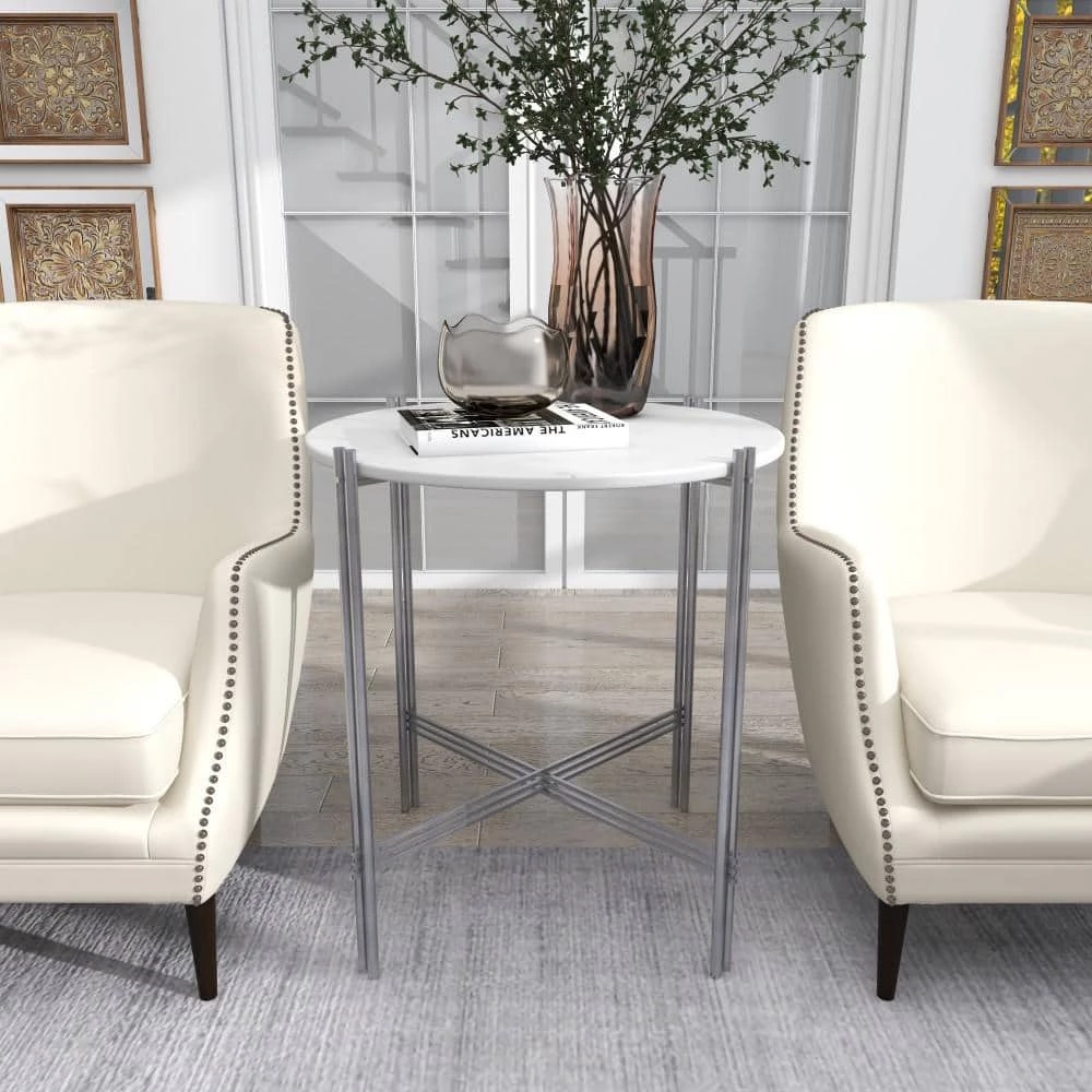 26 in. White Round Marble End Table by Litton Lane 9 26 in. White Round Marble End Table by Litton Lane - Image 7