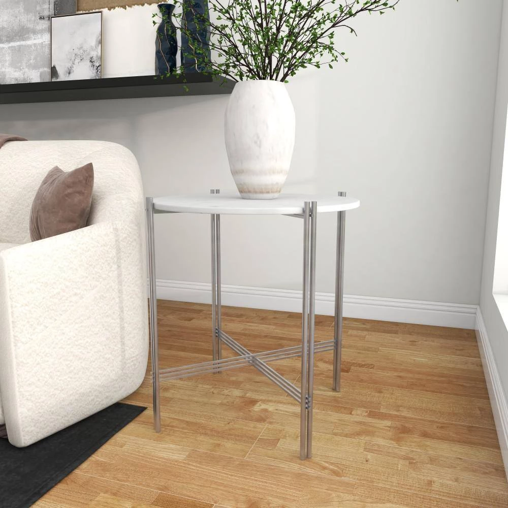 26 in. White Round Marble End Table by Litton Lane 8 26 in. White Round Marble End Table by Litton Lane - Image 6