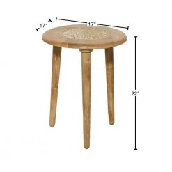 17 in. Brown Round Wood Handmade Intricately Carved Floral End Table with 3 Slender Legs by Litton Lane -Outlet Litton Lane Store natural brown litton lane end side tables 96080 40 1000