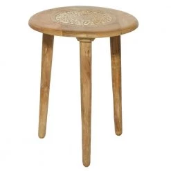 17 in. Brown Round Wood Handmade Intricately Carved Floral End Table with 3 Slender Legs by Litton Lane -Outlet Litton Lane Store natural brown litton lane end side tables 96080 66 1000