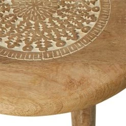 17 in. Brown Round Wood Handmade Intricately Carved Floral End Table with 3 Slender Legs by Litton Lane -Outlet Litton Lane Store natural brown litton lane end side tables 96080 c3 1000