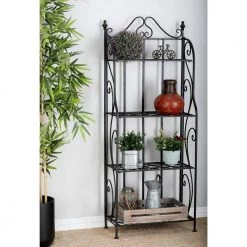 4-Shelf Metal Indoor Outdoor Tall Folding Scroll Bakers Rack in Black by Litton Lane -Outlet Litton Lane Store onyx litton lane baker s racks 63376 31 1000