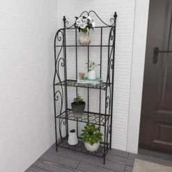 4-Shelf Metal Indoor Outdoor Tall Folding Scroll Bakers Rack in Black by Litton Lane -Outlet Litton Lane Store onyx litton lane baker s racks 63376 66 1000