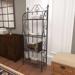 4-Shelf Metal Indoor Outdoor Tall Folding Scroll Bakers Rack in Black by Litton Lane -Outlet Litton Lane Store onyx litton lane baker s racks 63376 d4 1000