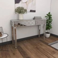 47 in. Silver Rectangle Wood Mirrored Geometric Console Table with Circular Panel Inlay by Litton Lane -Outlet Litton Lane Store polished litton lane console tables 58755 4f 1000