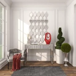 47 in. Silver Rectangle Wood Mirrored Geometric Console Table with Circular Panel Inlay by Litton Lane -Outlet Litton Lane Store polished litton lane console tables 58755 76 1000