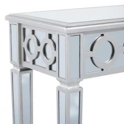 47 in. Silver Rectangle Wood Mirrored Geometric Console Table with Circular Panel Inlay by Litton Lane -Outlet Litton Lane Store polished litton lane console tables 58755 a0 1000