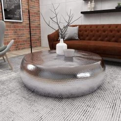 42 in. Silver Round Aluminum Drum Shaped Coffee Table with Hammered Design by Litton Lane -Outlet Litton Lane Store silver litton lane coffee tables 23913 1f 1000