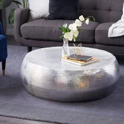 42 in. Silver Round Aluminum Drum Shaped Coffee Table with Hammered Design by Litton Lane -Outlet Litton Lane Store silver litton lane coffee tables 23913 31 1000