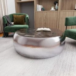 42 in. Silver Round Aluminum Drum Shaped Coffee Table with Hammered Design by Litton Lane -Outlet Litton Lane Store silver litton lane coffee tables 23913 66 1000