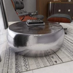 42 in. Silver Round Aluminum Drum Shaped Coffee Table with Hammered Design by Litton Lane -Outlet Litton Lane Store silver litton lane coffee tables 23913 fa 1000