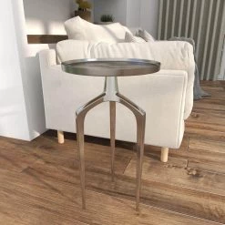 13 in. Silver Round Aluminum Tray Inspired Top End Table with 3 Tripod Legs by Litton Lane 21 13 in. Silver Round Aluminum Tray Inspired Top End Table with 3 Tripod Legs by Litton Lane -Outlet Litton Lane Store silver litton lane end side tables 84043 1f 1000
