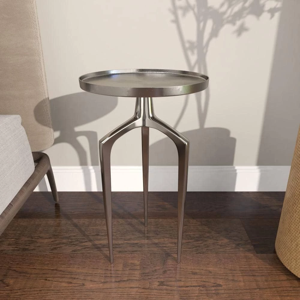13 in. Silver Round Aluminum Tray Inspired Top End Table with 3 Tripod Legs by Litton Lane 11 13 in. Silver Round Aluminum Tray Inspired Top End Table with 3 Tripod Legs by Litton Lane - Image 9