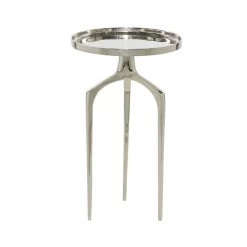 13 in. Silver Round Aluminum Tray Inspired Top End Table with 3 Tripod Legs by Litton Lane