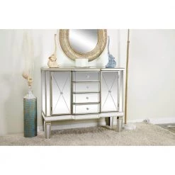 Silver Mirrored Panel 4 Drawers 2 Shelves and 2 Doors Buffet with Acrylic Knob Handles by Litton Lane -Outlet Litton Lane Store silver litton lane sideboards buffet tables 58764 31 1000
