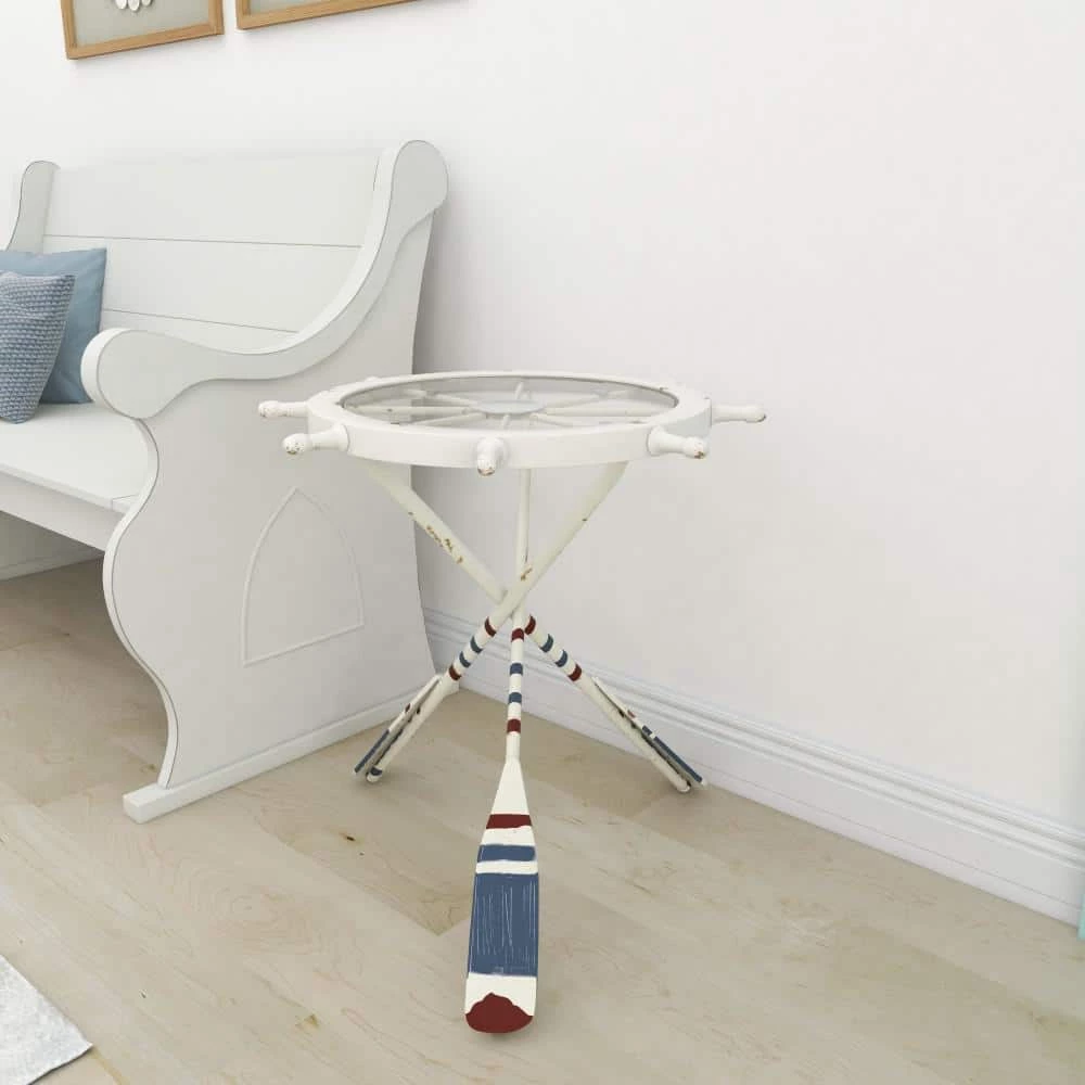 23 in. White Round Glass Ship Wheel Top End Table with Oar Shaped Legs by Litton Lane 9 23 in. White Round Glass Ship Wheel Top End Table with Oar Shaped Legs by Litton Lane - Image 7