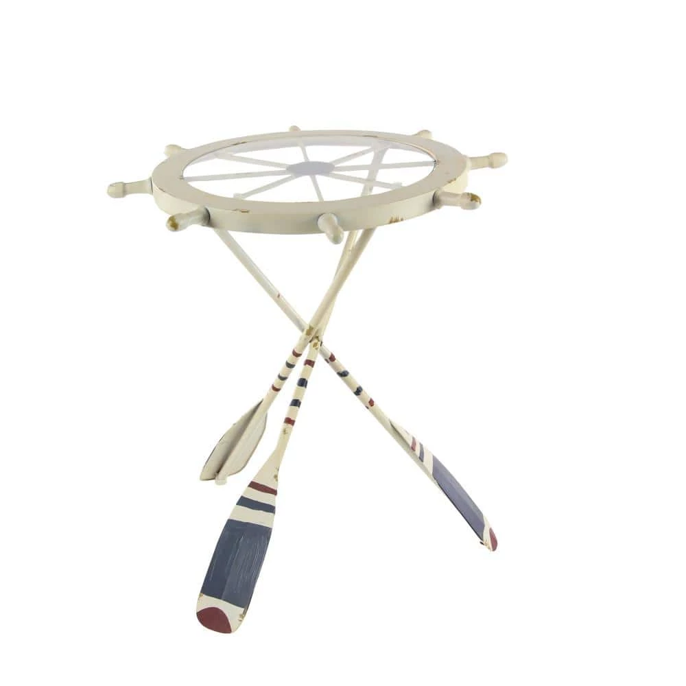 23 in. White Round Glass Ship Wheel Top End Table with Oar Shaped Legs by Litton Lane 5 23 in. White Round Glass Ship Wheel Top End Table with Oar Shaped Legs by Litton Lane - Image 3