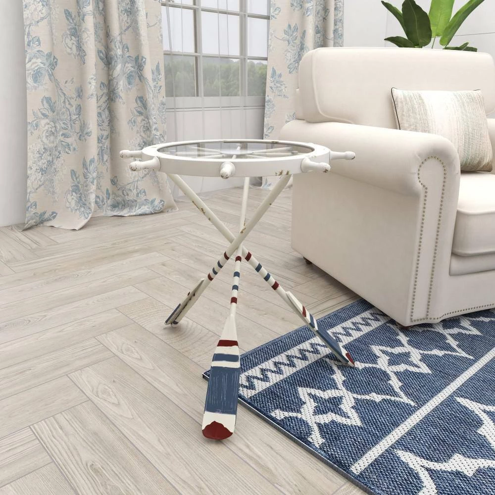 23 in. White Round Glass Ship Wheel Top End Table with Oar Shaped Legs by Litton Lane 10 23 in. White Round Glass Ship Wheel Top End Table with Oar Shaped Legs by Litton Lane - Image 8