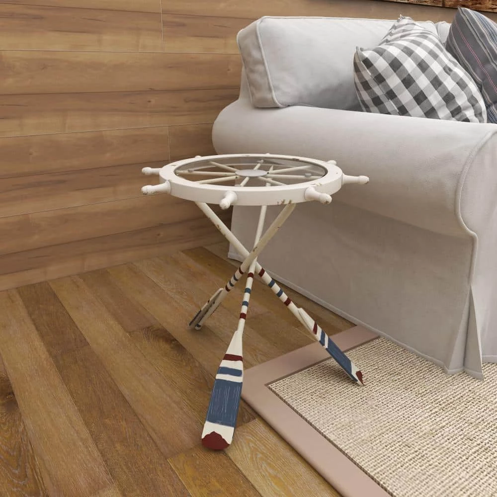 23 in. White Round Glass Ship Wheel Top End Table with Oar Shaped Legs by Litton Lane 8 23 in. White Round Glass Ship Wheel Top End Table with Oar Shaped Legs by Litton Lane - Image 6