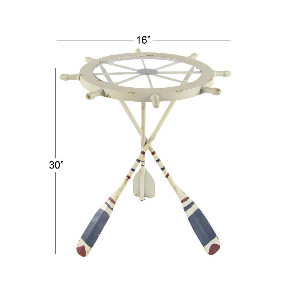 23 in. White Round Glass Ship Wheel Top End Table with Oar Shaped Legs by Litton Lane 7 23 in. White Round Glass Ship Wheel Top End Table with Oar Shaped Legs by Litton Lane - Image 5