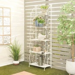 White Indoor Outdoor Tall Folding 5 Shelf Scroll Bakers Rack by Litton Lane -Outlet Litton Lane Store white litton lane baker s racks 040852 31 1000