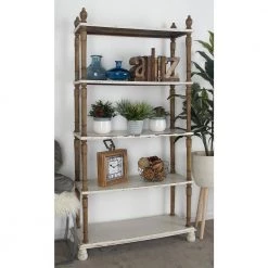 75 in. White Wood 5 Tier Shelf Rectangle Distressed Open Shelving Unit with Brown Spindle Sides and Ball Feet by Litton Lane 25 75 in. White Wood 5 Tier Shelf Rectangle Distressed Open Shelving Unit with Brown Spindle Sides and Ball Feet by Litton Lane -Outlet Litton Lane Store white litton lane bookcases bookshelves 20403 31 1000