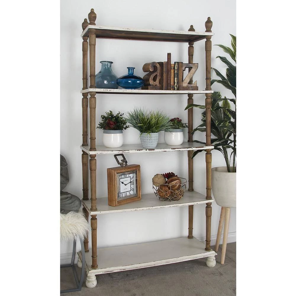 75 in. White Wood 5 Tier Shelf Rectangle Distressed Open Shelving Unit with Brown Spindle Sides and Ball Feet by Litton Lane 14 75 in. White Wood 5 Tier Shelf Rectangle Distressed Open Shelving Unit with Brown Spindle Sides and Ball Feet by Litton Lane - Image 12