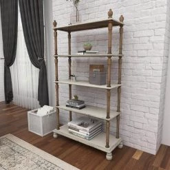 75 in. White Wood 5 Tier Shelf Rectangle Distressed Open Shelving Unit with Brown Spindle Sides and Ball Feet by Litton Lane 22 75 in. White Wood 5 Tier Shelf Rectangle Distressed Open Shelving Unit with Brown Spindle Sides and Ball Feet by Litton Lane -Outlet Litton Lane Store white litton lane bookcases bookshelves 20403 44 1000