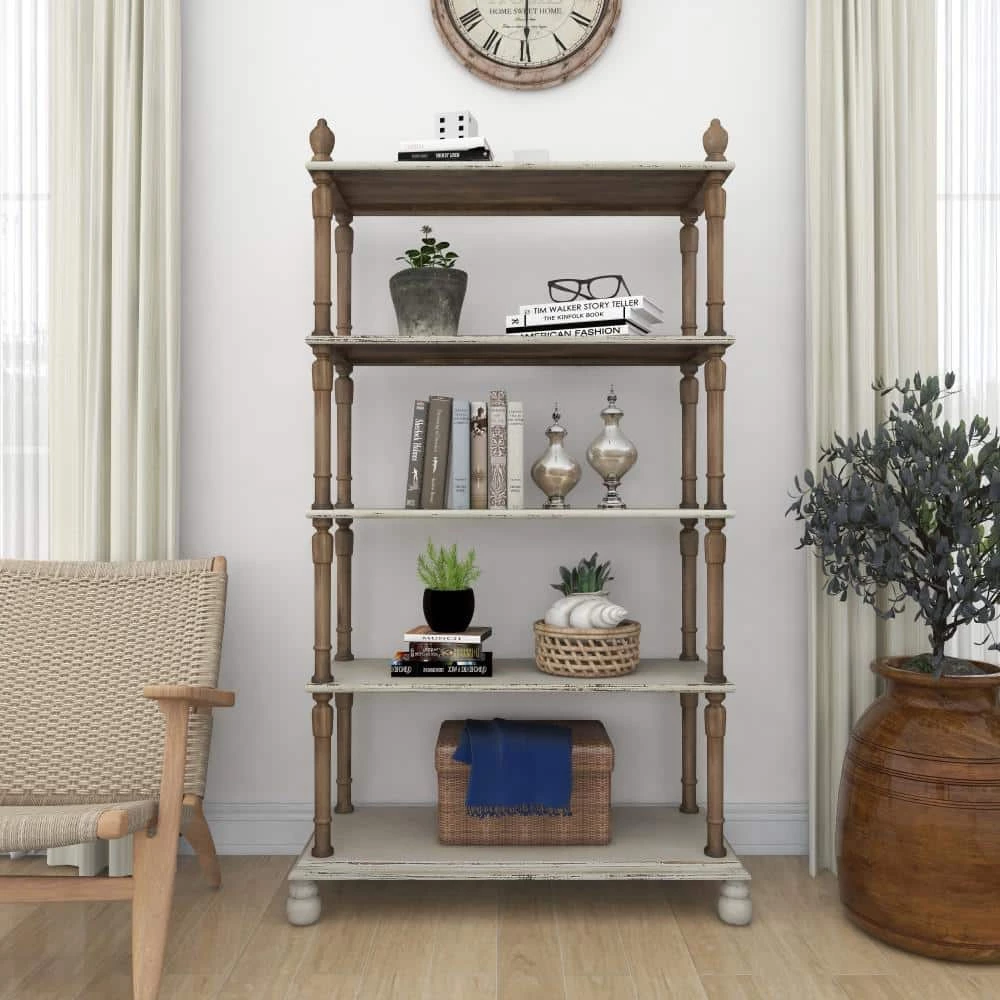 75 in. White Wood 5 Tier Shelf Rectangle Distressed Open Shelving Unit with Brown Spindle Sides and Ball Feet by Litton Lane 9 75 in. White Wood 5 Tier Shelf Rectangle Distressed Open Shelving Unit with Brown Spindle Sides and Ball Feet by Litton Lane - Image 7