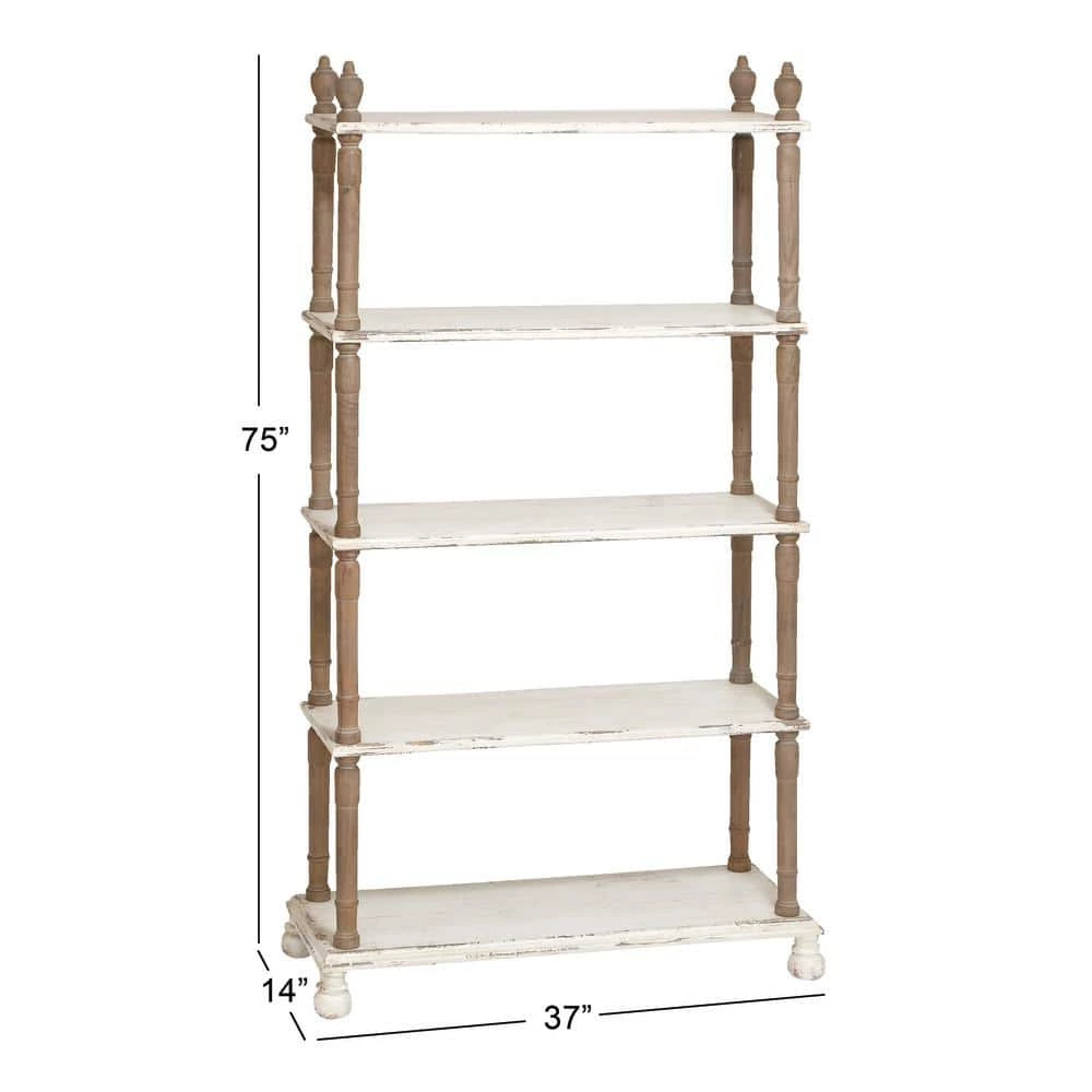 75 in. White Wood 5 Tier Shelf Rectangle Distressed Open Shelving Unit with Brown Spindle Sides and Ball Feet by Litton Lane 8 75 in. White Wood 5 Tier Shelf Rectangle Distressed Open Shelving Unit with Brown Spindle Sides and Ball Feet by Litton Lane - Image 6
