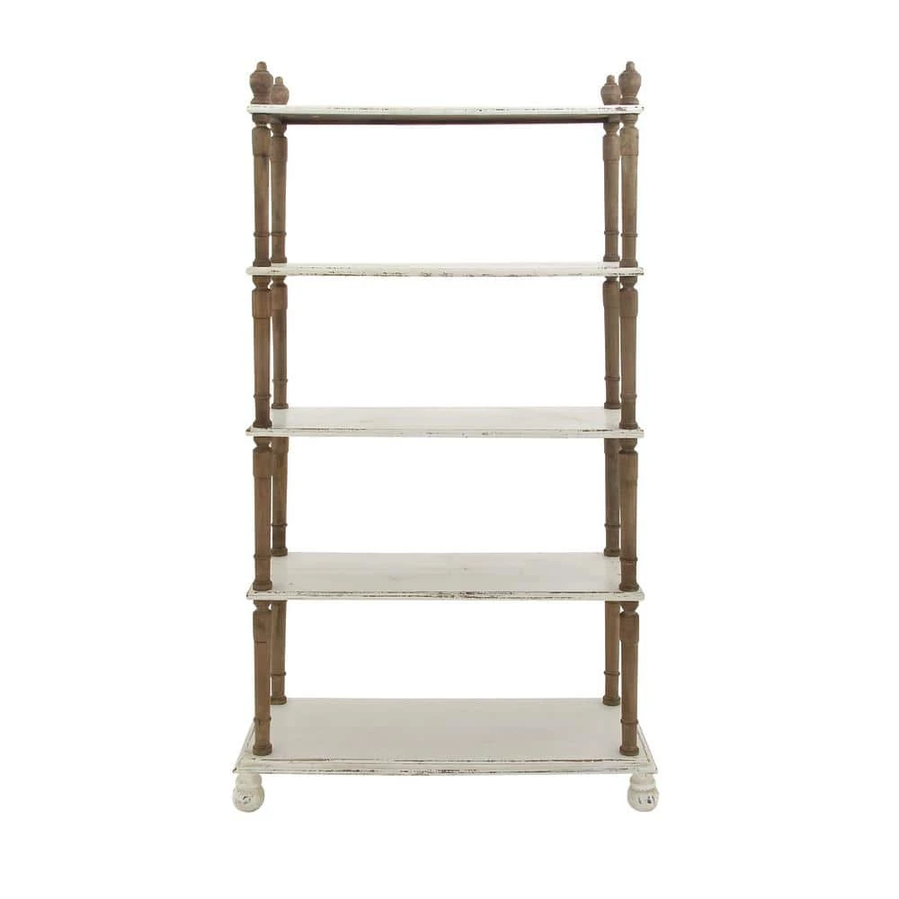 75 in. White Wood 5 Tier Shelf Rectangle Distressed Open Shelving Unit with Brown Spindle Sides and Ball Feet by Litton Lane 4 75 in. White Wood 5 Tier Shelf Rectangle Distressed Open Shelving Unit with Brown Spindle Sides and Ball Feet by Litton Lane - Image 2