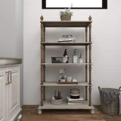 75 in. White Wood 5 Tier Shelf Rectangle Distressed Open Shelving Unit with Brown Spindle Sides and Ball Feet by Litton Lane 23 75 in. White Wood 5 Tier Shelf Rectangle Distressed Open Shelving Unit with Brown Spindle Sides and Ball Feet by Litton Lane -Outlet Litton Lane Store white litton lane bookcases bookshelves 20403 fa 1000