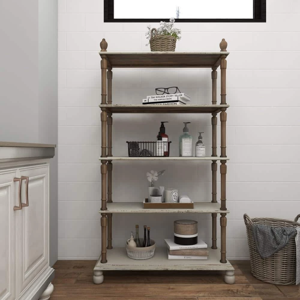 75 in. White Wood 5 Tier Shelf Rectangle Distressed Open Shelving Unit with Brown Spindle Sides and Ball Feet by Litton Lane 12 75 in. White Wood 5 Tier Shelf Rectangle Distressed Open Shelving Unit with Brown Spindle Sides and Ball Feet by Litton Lane - Image 10