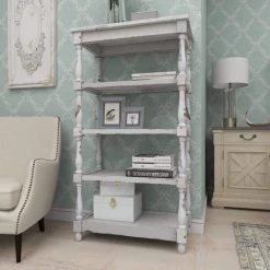 55 in. White Wood 5 Tier Shelf Rectangle Distressed Open Shelving Unit with Carved Spindle Sides and Mesh Shelves by Litton Lane -Outlet Litton Lane Store white litton lane bookcases bookshelves 44419 1f 1000