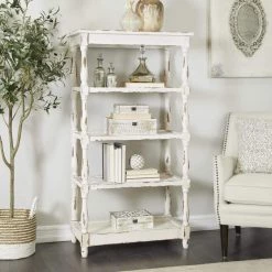 55 in. White Wood 5 Tier Shelf Rectangle Distressed Open Shelving Unit with Carved Spindle Sides and Mesh Shelves by Litton Lane -Outlet Litton Lane Store white litton lane bookcases bookshelves 44419 31 1000