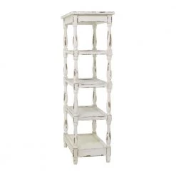 55 in. White Wood 5 Tier Shelf Rectangle Distressed Open Shelving Unit with Carved Spindle Sides and Mesh Shelves by Litton Lane -Outlet Litton Lane Store white litton lane bookcases bookshelves 44419 40 1000