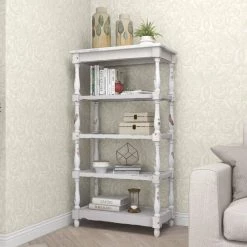 55 in. White Wood 5 Tier Shelf Rectangle Distressed Open Shelving Unit with Carved Spindle Sides and Mesh Shelves by Litton Lane -Outlet Litton Lane Store white litton lane bookcases bookshelves 44419 44 1000