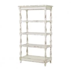 55 in. White Wood 5 Tier Shelf Rectangle Distressed Open Shelving Unit with Carved Spindle Sides and Mesh Shelves by Litton Lane