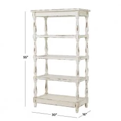 55 in. White Wood 5 Tier Shelf Rectangle Distressed Open Shelving Unit with Carved Spindle Sides and Mesh Shelves by Litton Lane -Outlet Litton Lane Store white litton lane bookcases bookshelves 44419 c3 1000