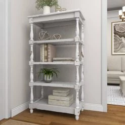 55 in. White Wood 5 Tier Shelf Rectangle Distressed Open Shelving Unit with Carved Spindle Sides and Mesh Shelves by Litton Lane -Outlet Litton Lane Store white litton lane bookcases bookshelves 44419 fa 1000