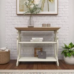 38 in. White Rectangle Wood Scroll Side Frames 2 Shelf Console Table with Brown Wood Top by Litton Lane -Outlet Litton Lane Store white litton lane console tables 44457 1f 1000