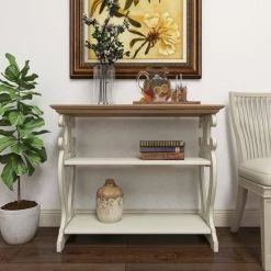 38 in. White Rectangle Wood Scroll Side Frames 2 Shelf Console Table with Brown Wood Top by Litton Lane -Outlet Litton Lane Store white litton lane console tables 44457 44 1000