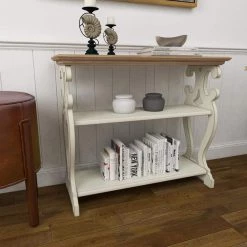 38 in. White Rectangle Wood Scroll Side Frames 2 Shelf Console Table with Brown Wood Top by Litton Lane -Outlet Litton Lane Store white litton lane console tables 44457 4f 1000