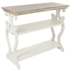 38 in. White Rectangle Wood Scroll Side Frames 2 Shelf Console Table with Brown Wood Top by Litton Lane