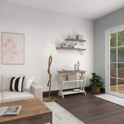 38 in. White Rectangle Wood Scroll Side Frames 2 Shelf Console Table with Brown Wood Top by Litton Lane -Outlet Litton Lane Store white litton lane console tables 44457 76 1000