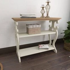 38 in. White Rectangle Wood Scroll Side Frames 2 Shelf Console Table with Brown Wood Top by Litton Lane -Outlet Litton Lane Store white litton lane console tables 44457 77 1000