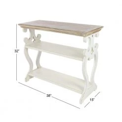 38 in. White Rectangle Wood Scroll Side Frames 2 Shelf Console Table with Brown Wood Top by Litton Lane -Outlet Litton Lane Store white litton lane console tables 44457 c3 1000