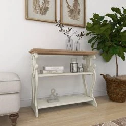 38 in. White Rectangle Wood Scroll Side Frames 2 Shelf Console Table with Brown Wood Top by Litton Lane -Outlet Litton Lane Store white litton lane console tables 44457 fa 1000